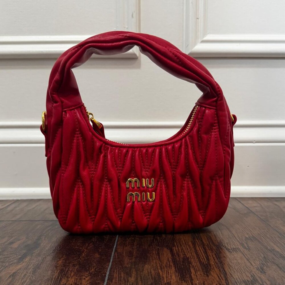 Miu Miu Red Quilted Mini Top-Handle Bag with Gold Logo